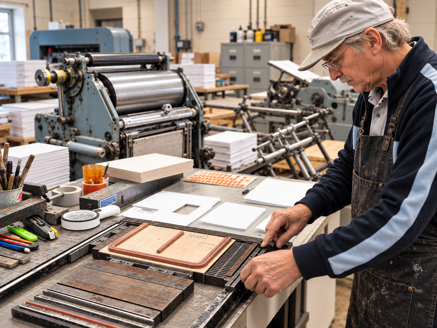 Swatch Studio craftsman locking up a forme by hand on the press bench, with a vintage cylinder press behind him