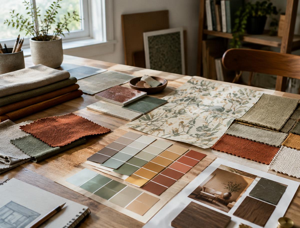 Fabric swatches, wallpaper samples and paint cards arranged on a designer's studio table