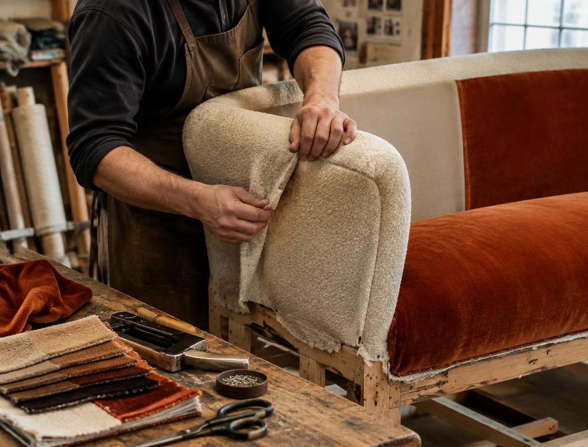 Upholsterer fitting boucle fabric to a sofa frame in a furniture workshop