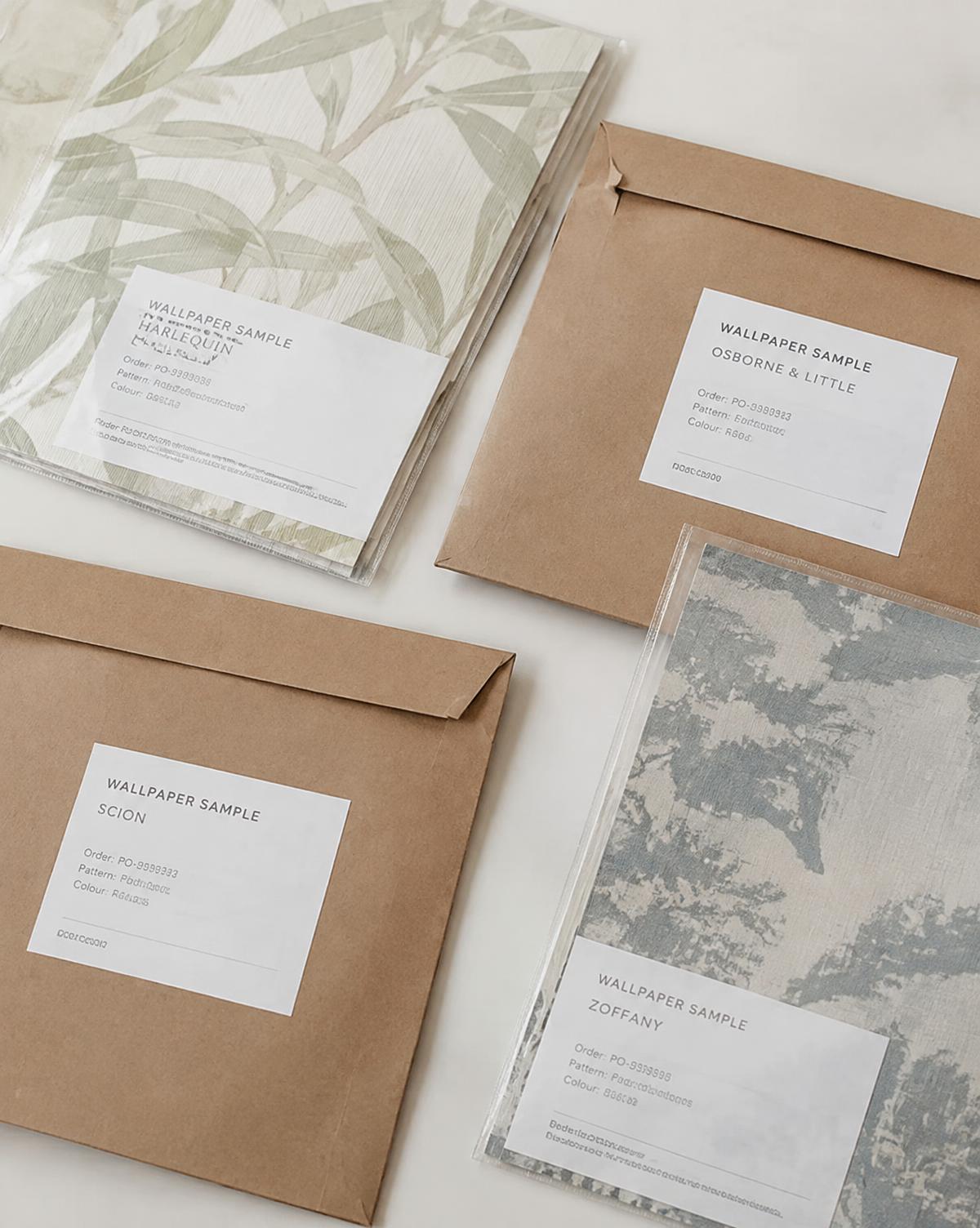 Kraft and clear sample sleeves holding wallpaper samples with printed labels