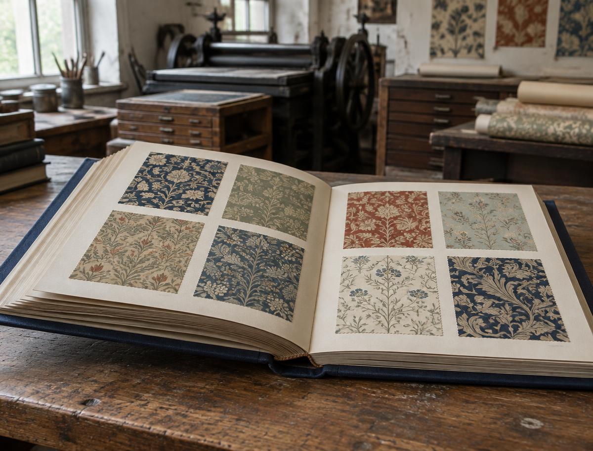 A finished wallpaper sample book lying open on a workshop bench, showing patterned swatches mounted in neat grids